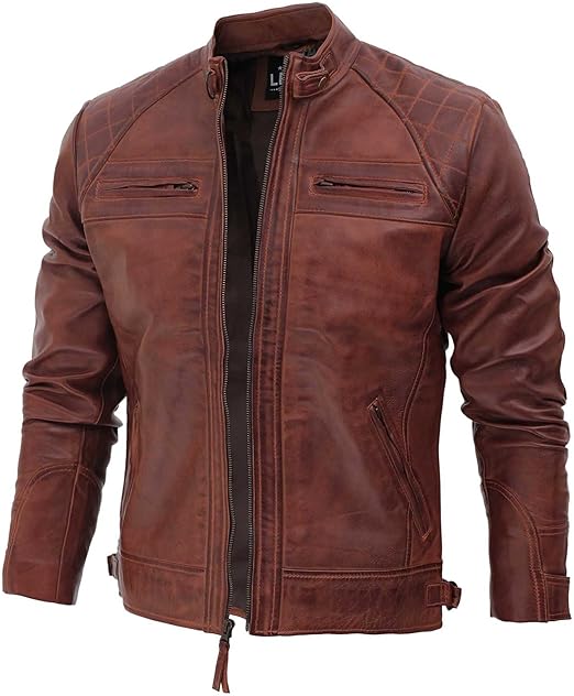 Men's Quilted Cognac Cafe Racer Real Leather Jacket