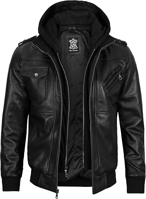 Men's Bomber Leather Jacket With Removable Hood