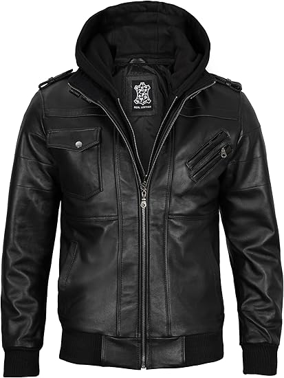 Men's Bomber Leather Jacket With Removable Hood