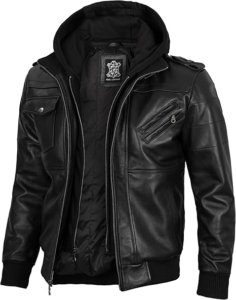 Men's Bomber Leather Jacket With Removable Hood