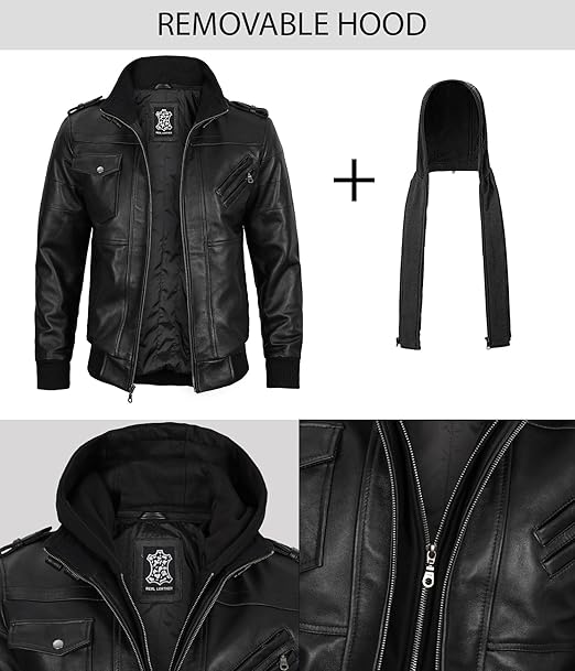 Men's Bomber Leather Jacket With Removable Hood