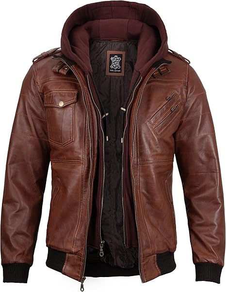 Men's Bomber Leather Jacket With Removable Hood