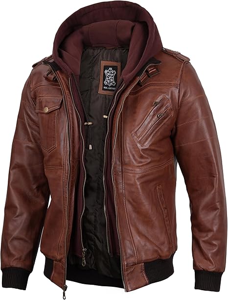 Men's Bomber Leather Jacket With Removable Hood