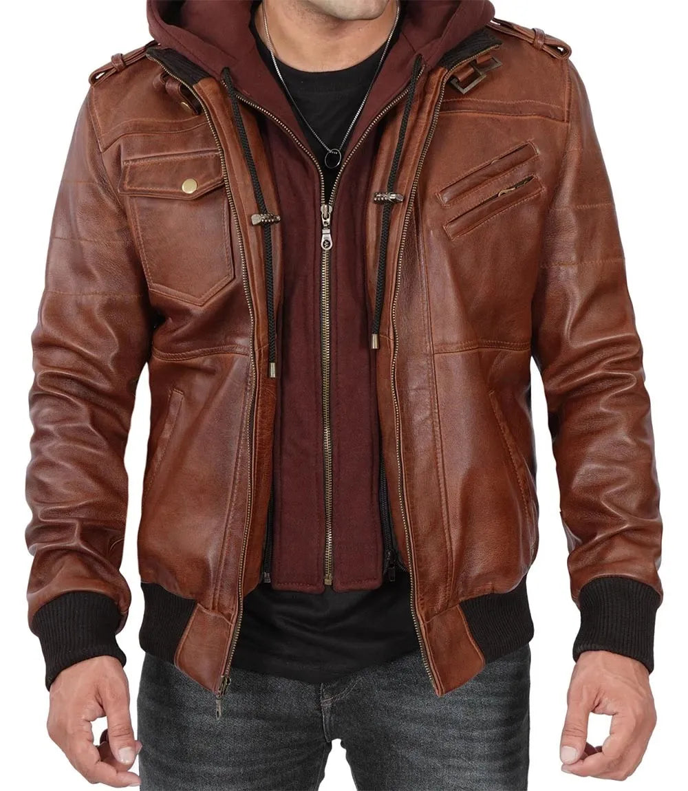 Men's Bomber Leather Jacket With Removable Hood