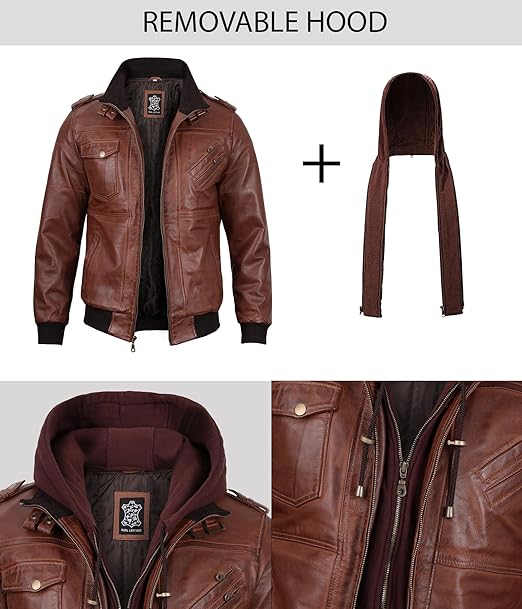 Men's Bomber Leather Jacket With Removable Hood