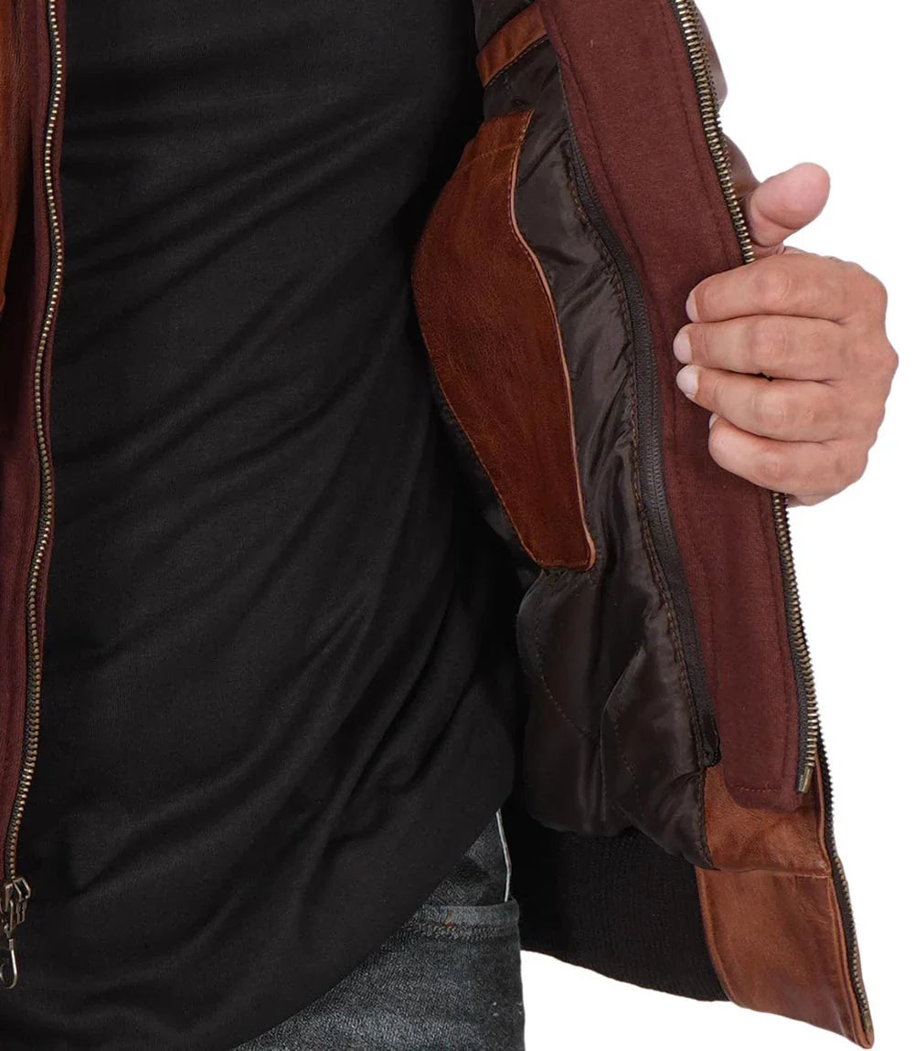Men's Bomber Leather Jacket With Removable Hood