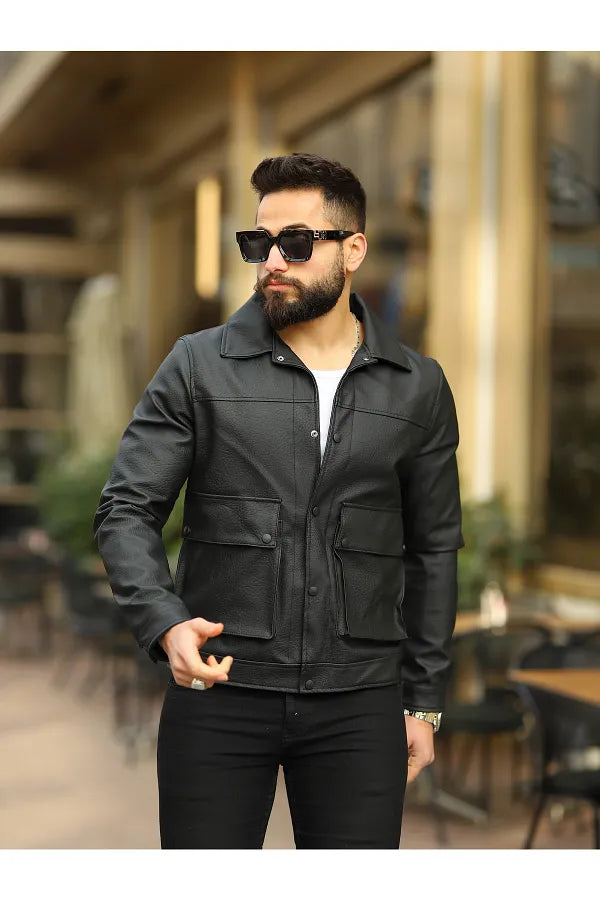 Men's Pocket Detail Black Carbon Leather Jacket