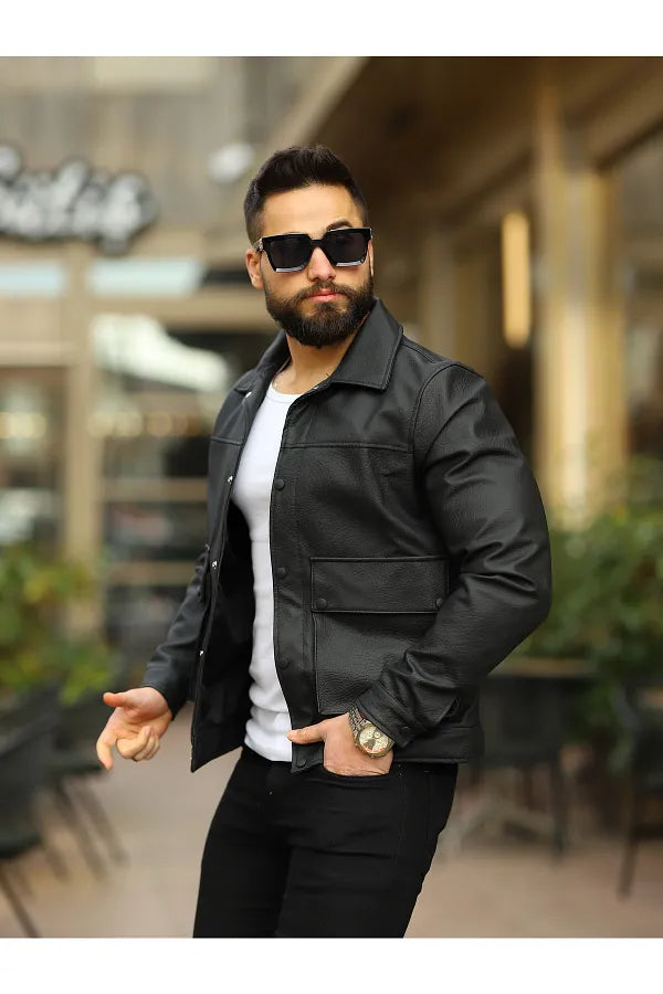 Men's Pocket Detail Black Carbon Leather Jacket