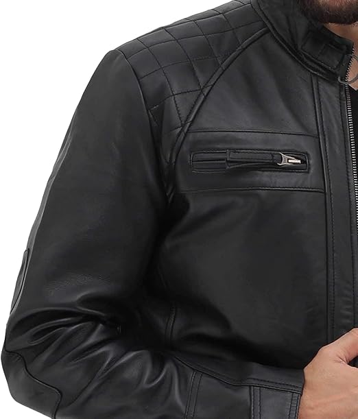 Men's Quilted Cognac Cafe Racer Real Leather Jacket