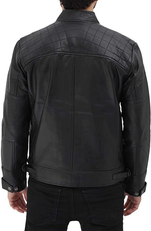 Men's Quilted Cognac Cafe Racer Real Leather Jacket