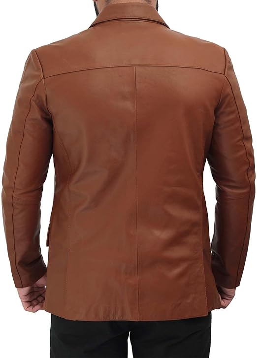 Mens Notch Lapel 2 Buttons Lambskin Leather Blazer