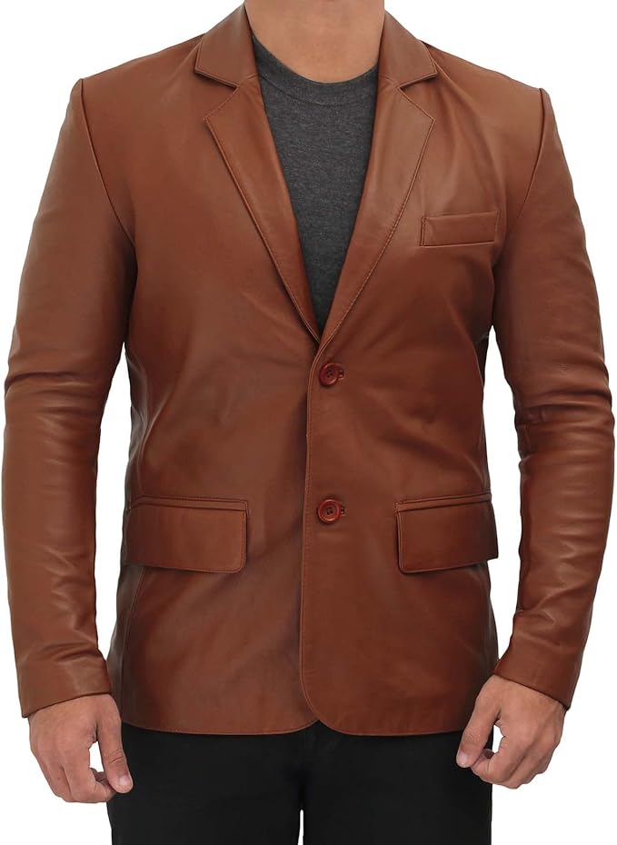 Mens Notch Lapel 2 Buttons Lambskin Leather Blazer