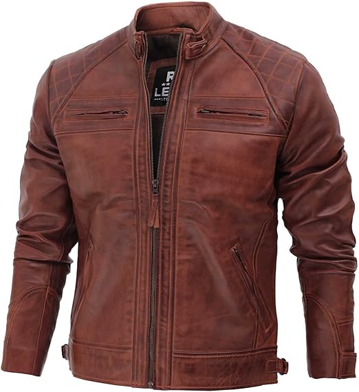 Men's Quilted Cognac Cafe Racer Real Leather Jacket