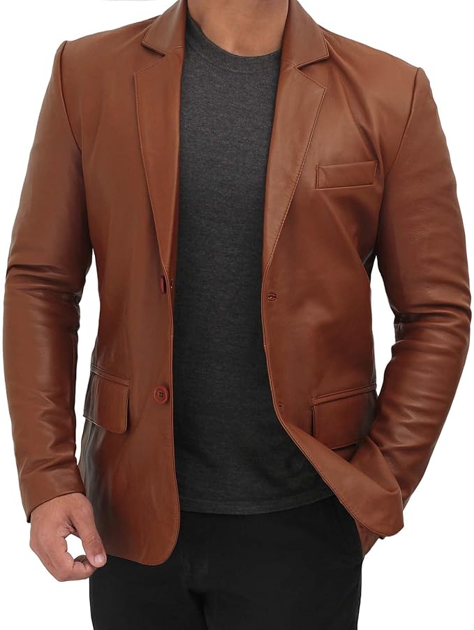 Mens Notch Lapel 2 Buttons Lambskin Leather Blazer