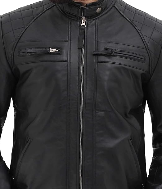 Men's Quilted Cognac Cafe Racer Real Leather Jacket