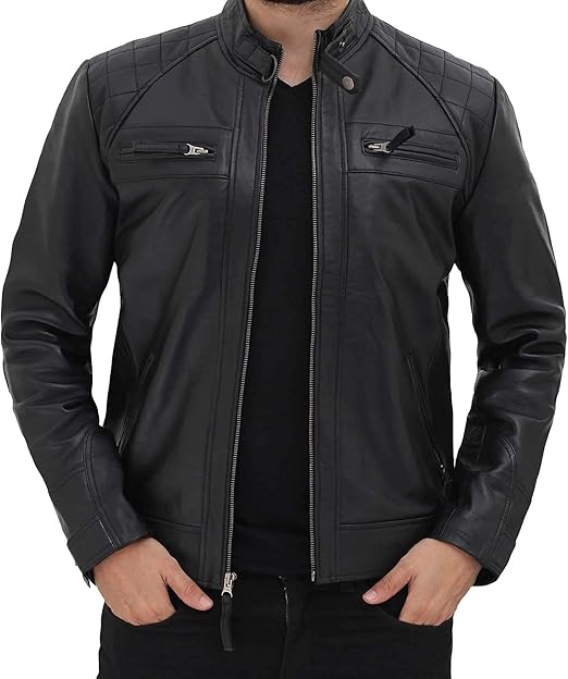 Men's Quilted Cognac Cafe Racer Real Leather Jacket