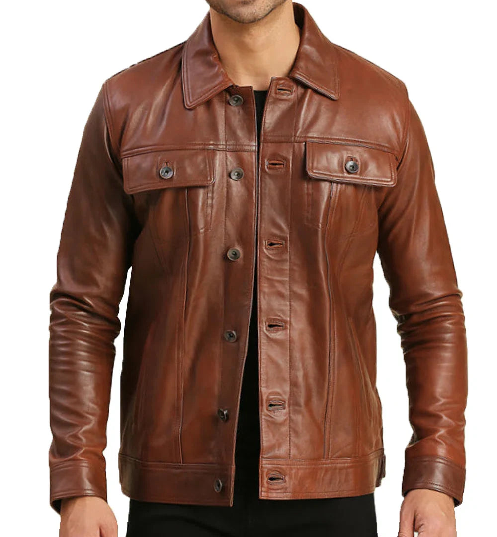 Men's Brown Shiny Stylish Collar Style Leather Jacket