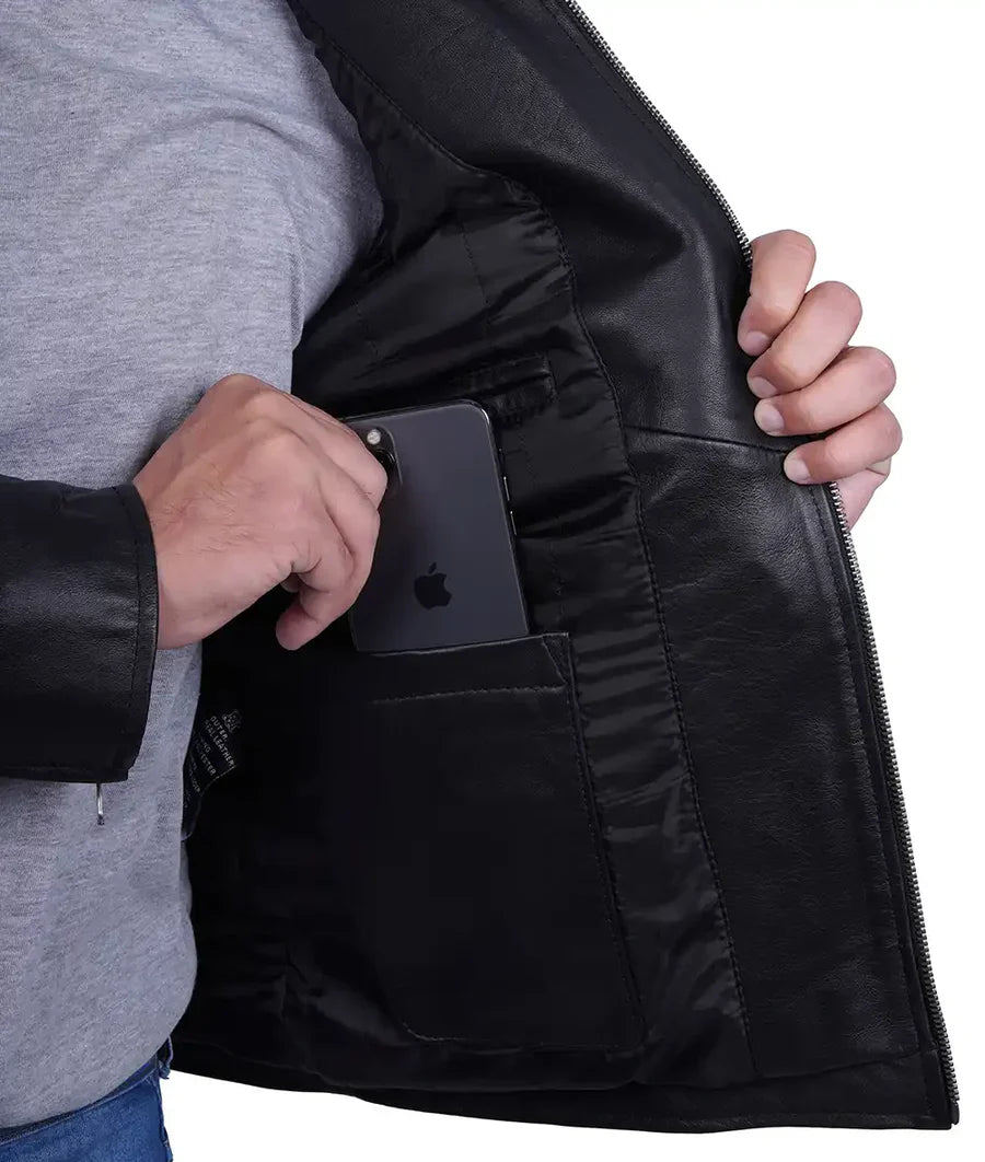 Dodge Mens Black Cafe Racer Leather Biker Jacket
