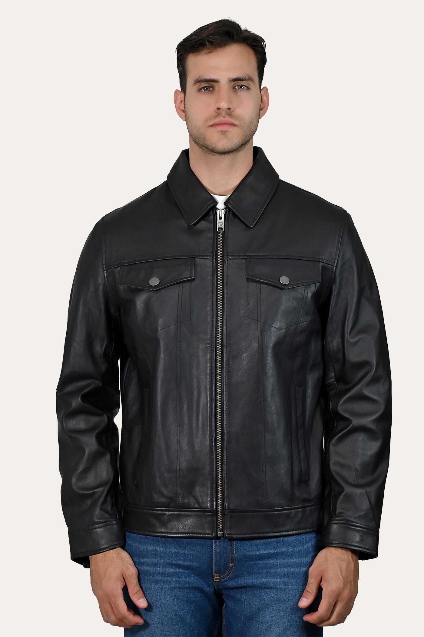 Men's Black Leather Jacket Front Pockets