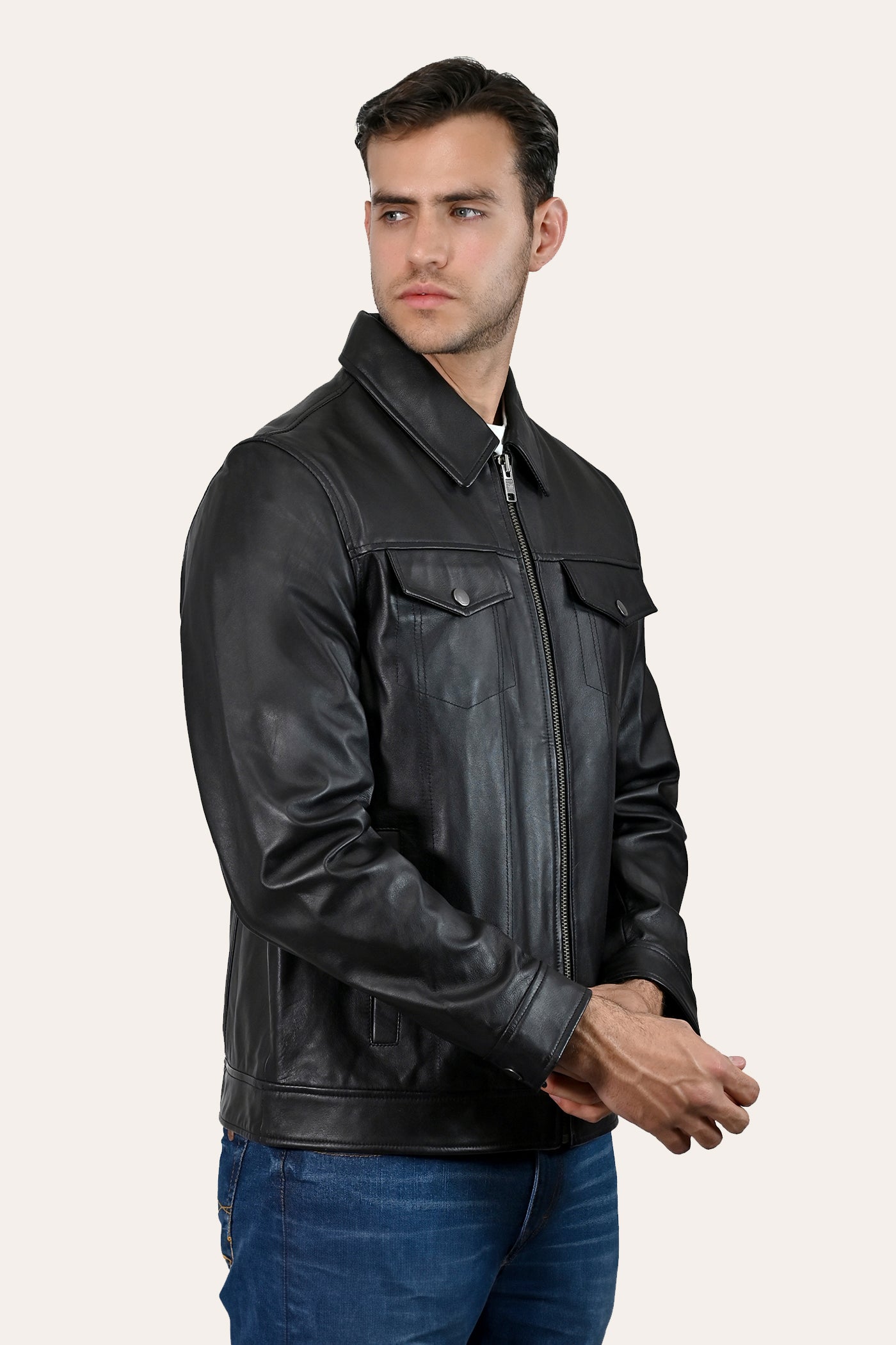 Men's Black Leather Jacket Front Pockets