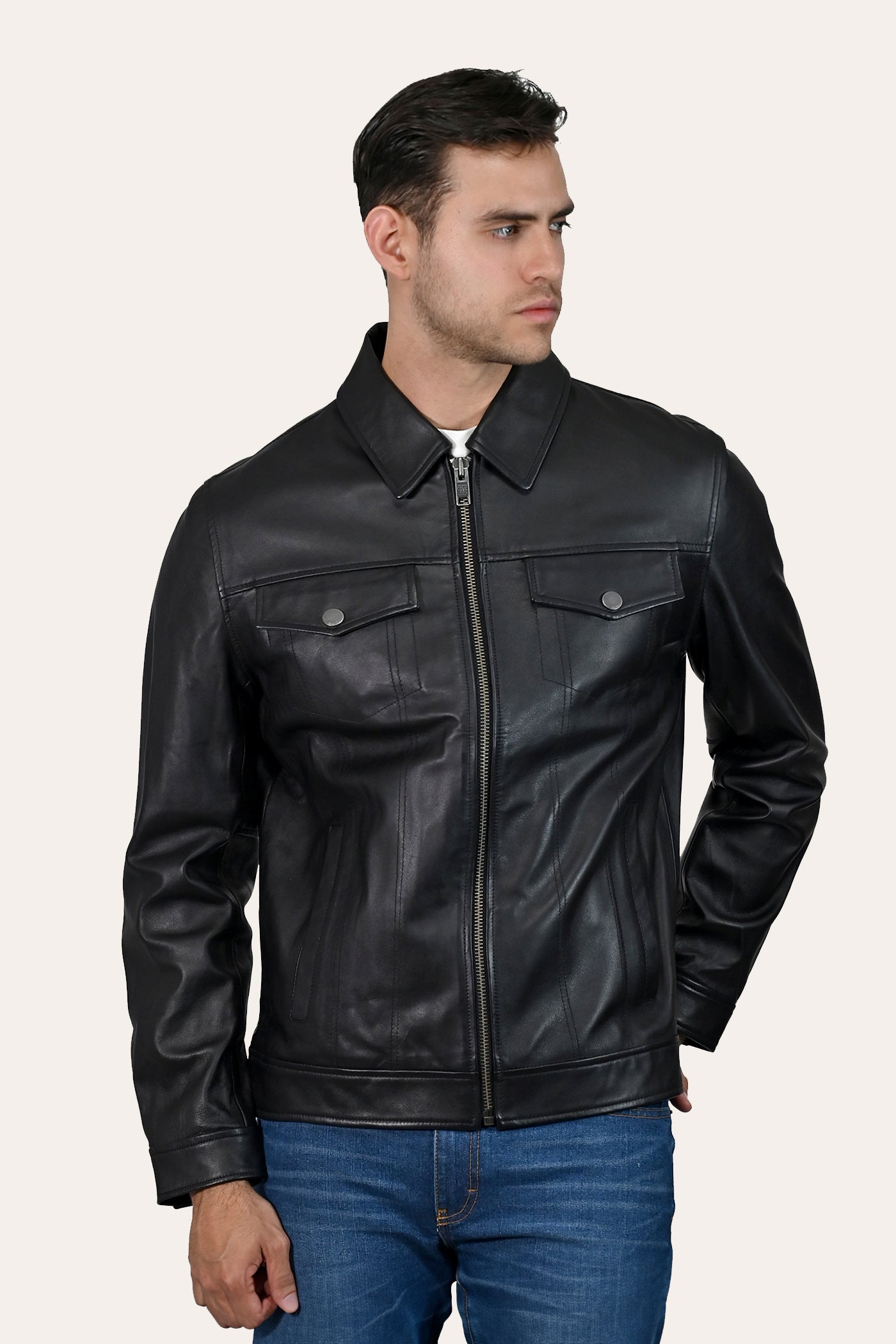 Men's Black Leather Jacket Front Pockets