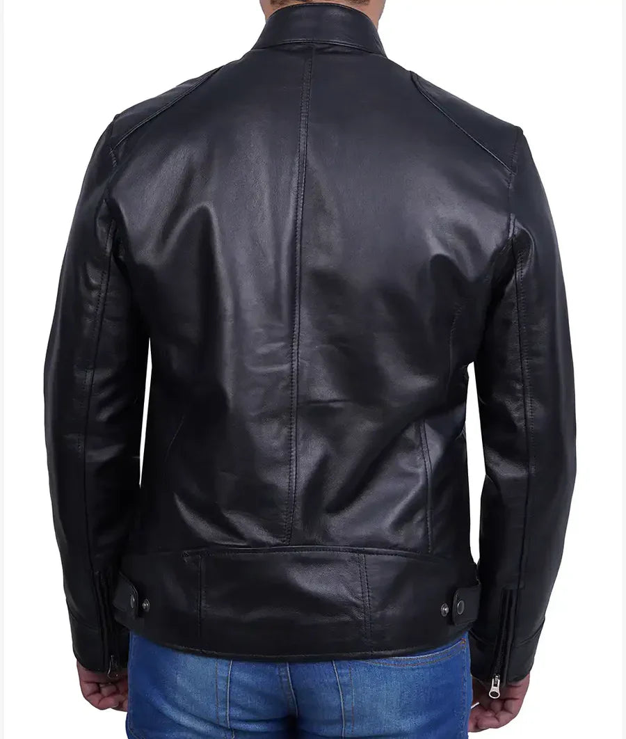 Dodge Mens Black Cafe Racer Leather Biker Jacket