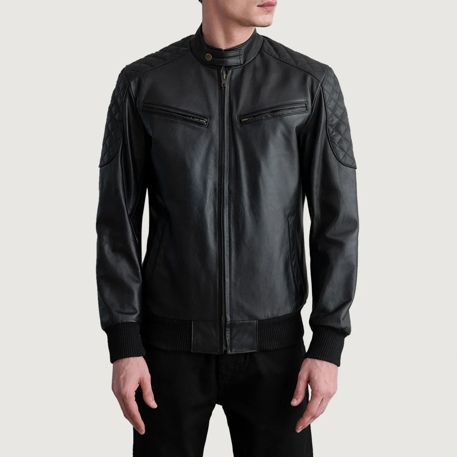Black Leather Bomber Jacket with Quilted Lining