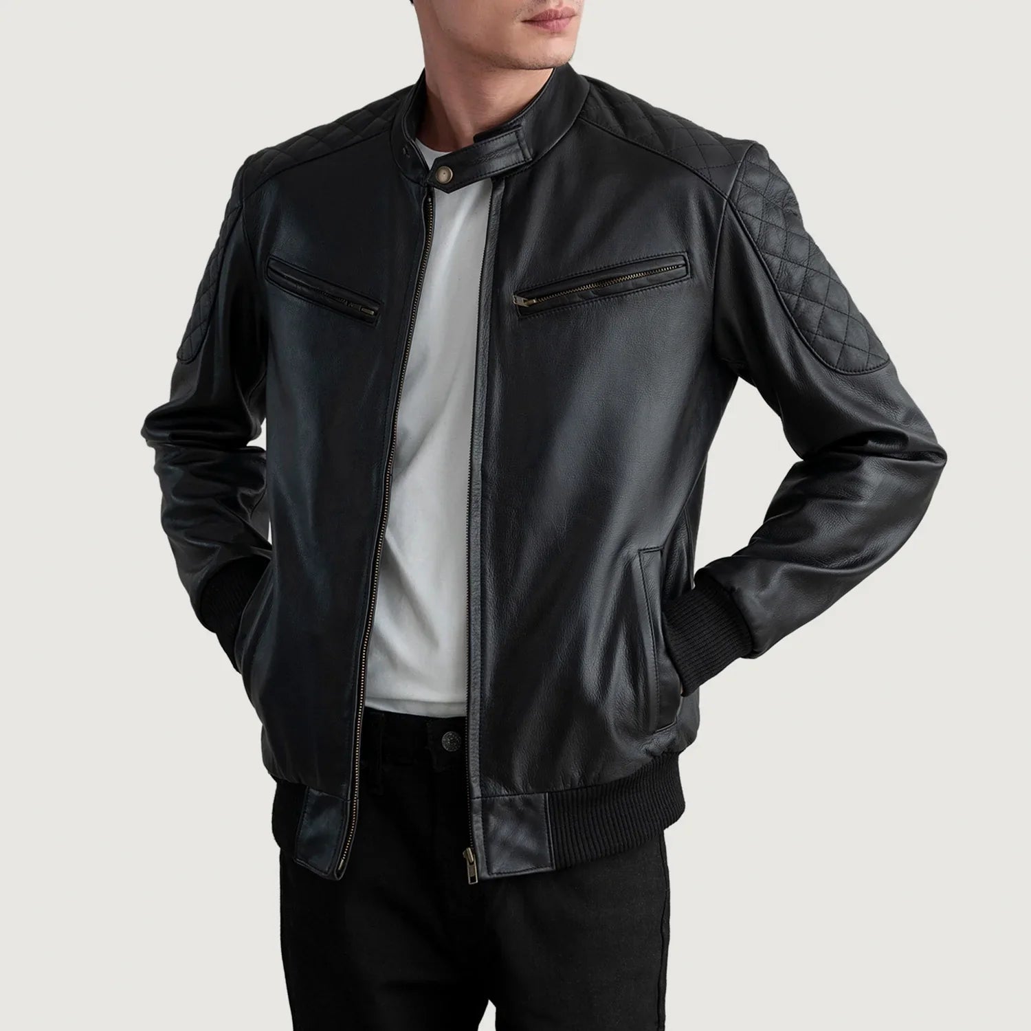 Black Leather Bomber Jacket with Quilted Lining
