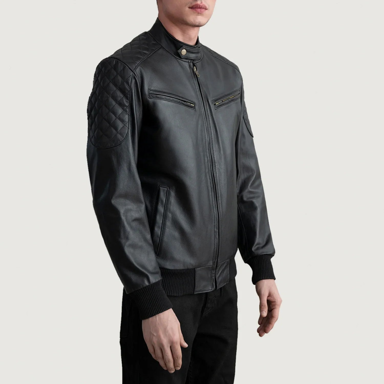 Black Leather Bomber Jacket with Quilted Lining