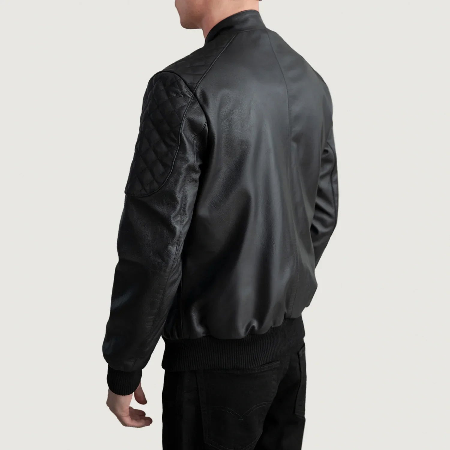 Black Leather Bomber Jacket with Quilted Lining