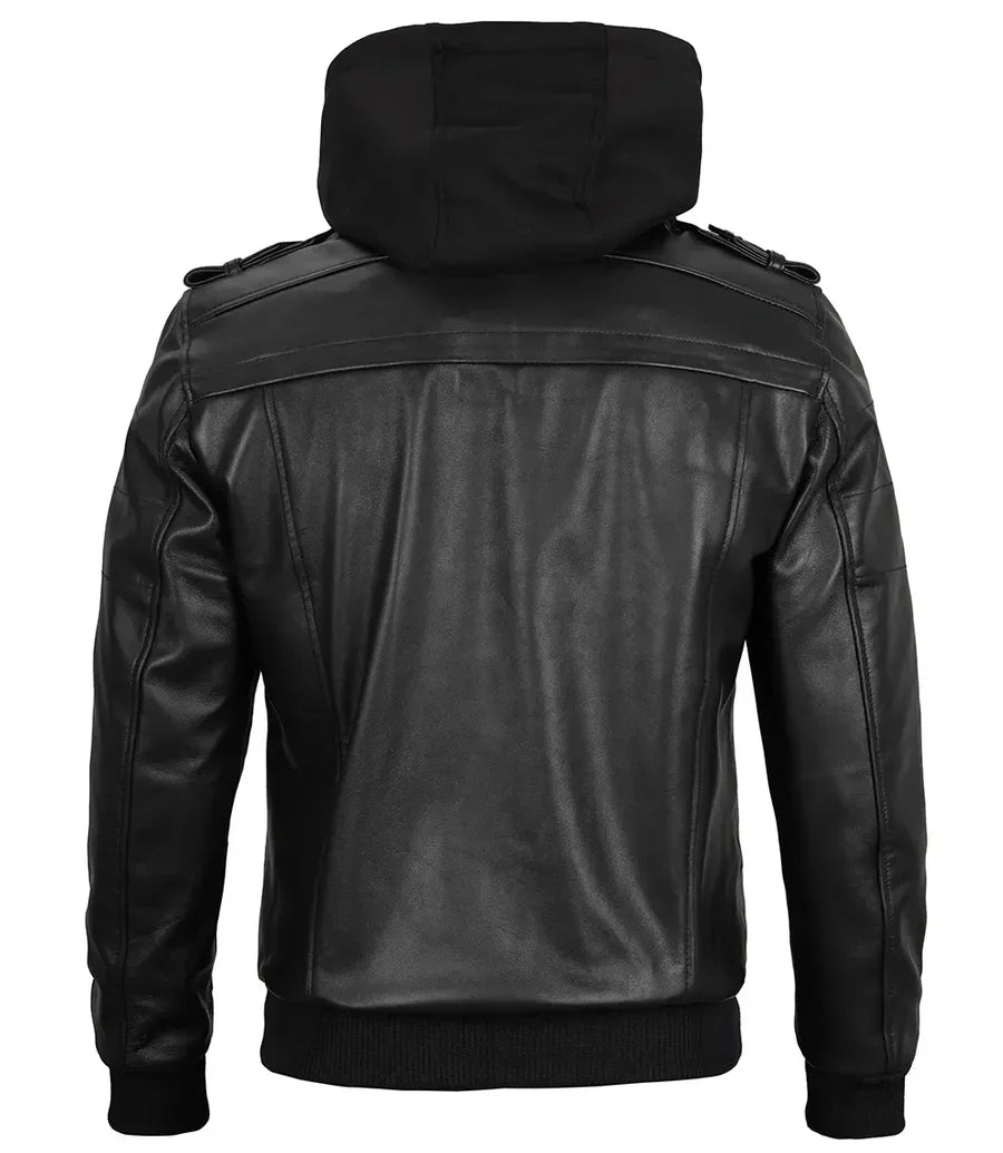 Men's Bomber Leather Jacket With Removable Hood