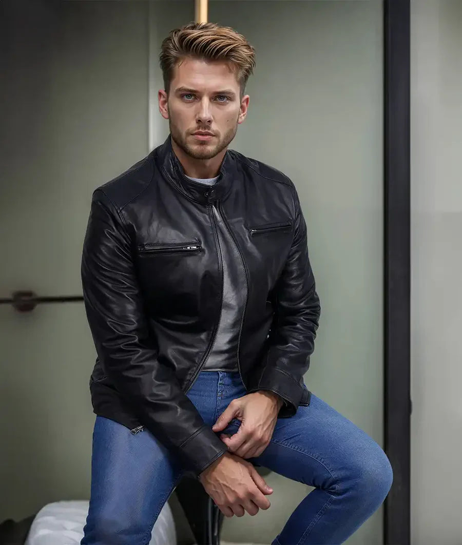 Dodge Mens Black Cafe Racer Leather Biker Jacket