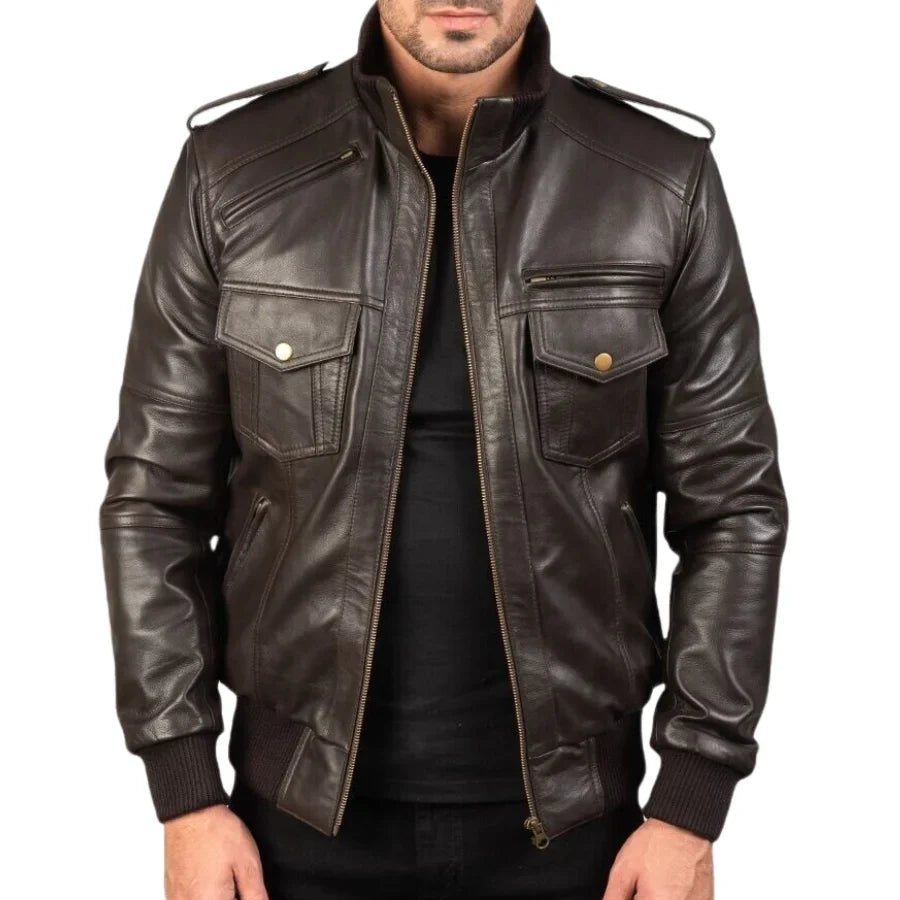 Agent Shadow Leather Bomber Jacket