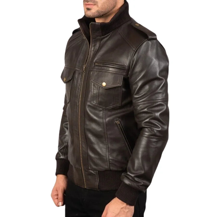 Agent Shadow Leather Bomber Jacket