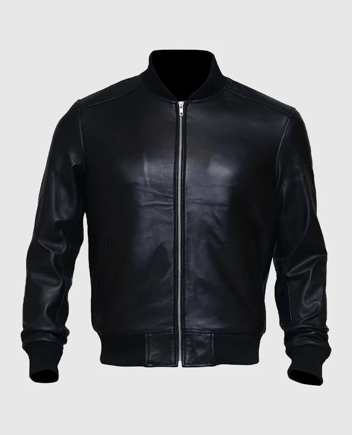 Men's Black Sheepskin Leather Varsity Bomber Jacket