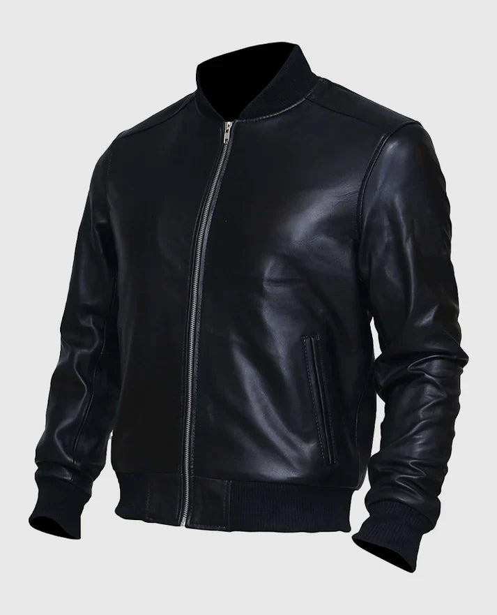 Men's Black Sheepskin Leather Varsity Bomber Jacket