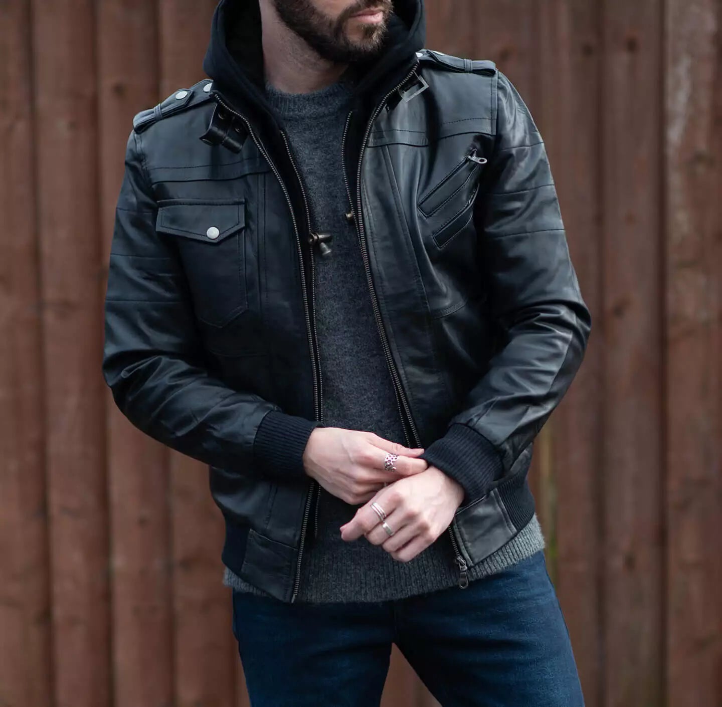 Men's Bomber Leather Jacket With Removable Hood